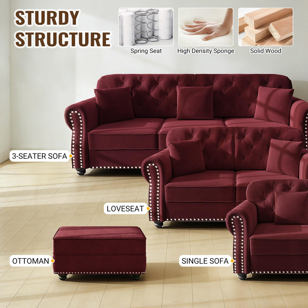 2-Piece Chesterfield Sofa Set with 1 Velvet 3-Seater Sofa & 1 Single Sofa, Upholstered 4-Seater Couch Set with
