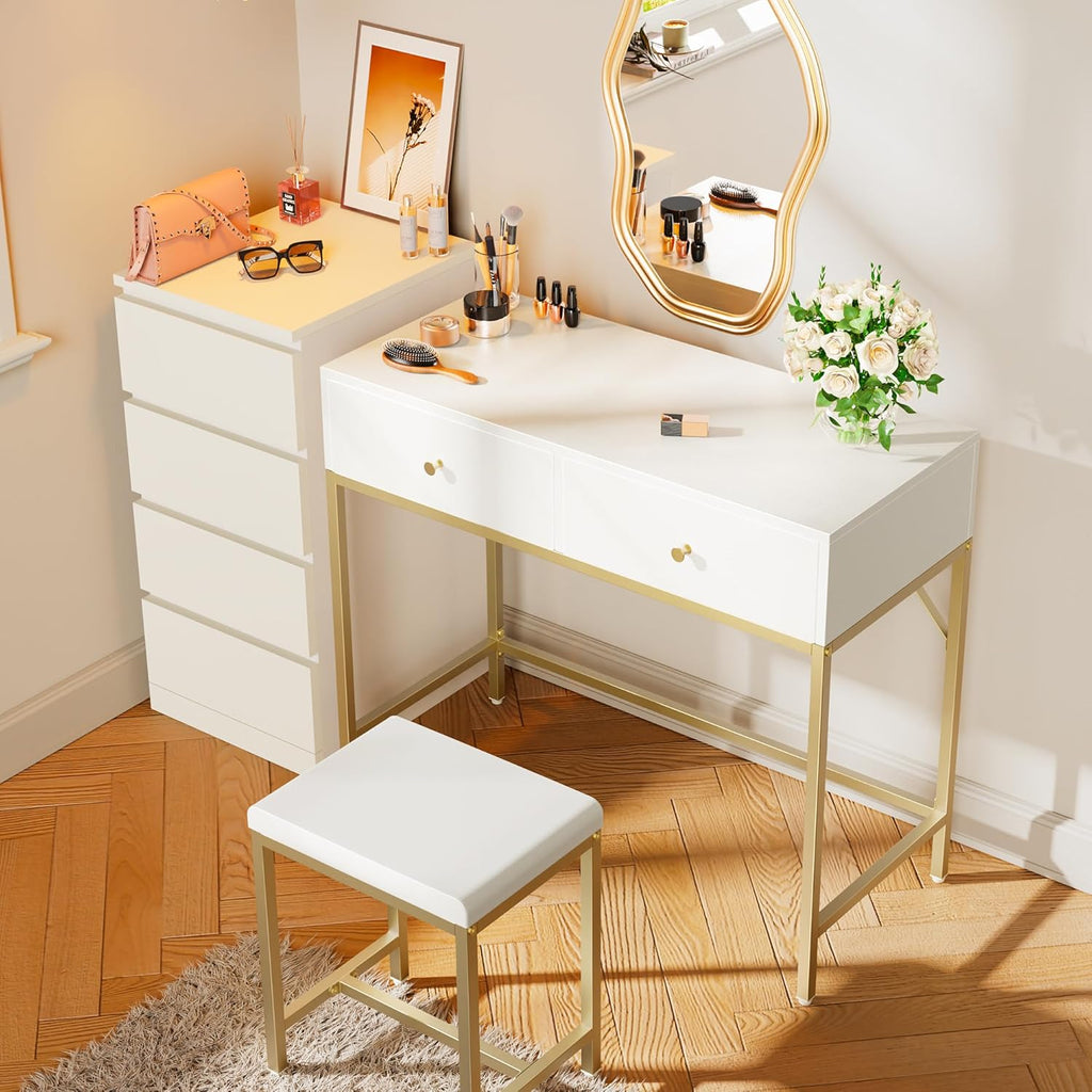 35.4" White and Gold Desk with 2 Drawers, Modern Makeup Vanity with Padded Stool