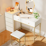 35.4" White and Gold Desk with 2 Drawers, Modern Makeup Vanity with Padded Stool
