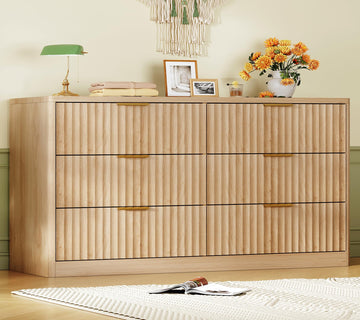 Fluted 6 Drawer Dresser, Wide Modern Chest of Drawers with Metal Handle, Curved Profile Design, Wood Closet Clothes