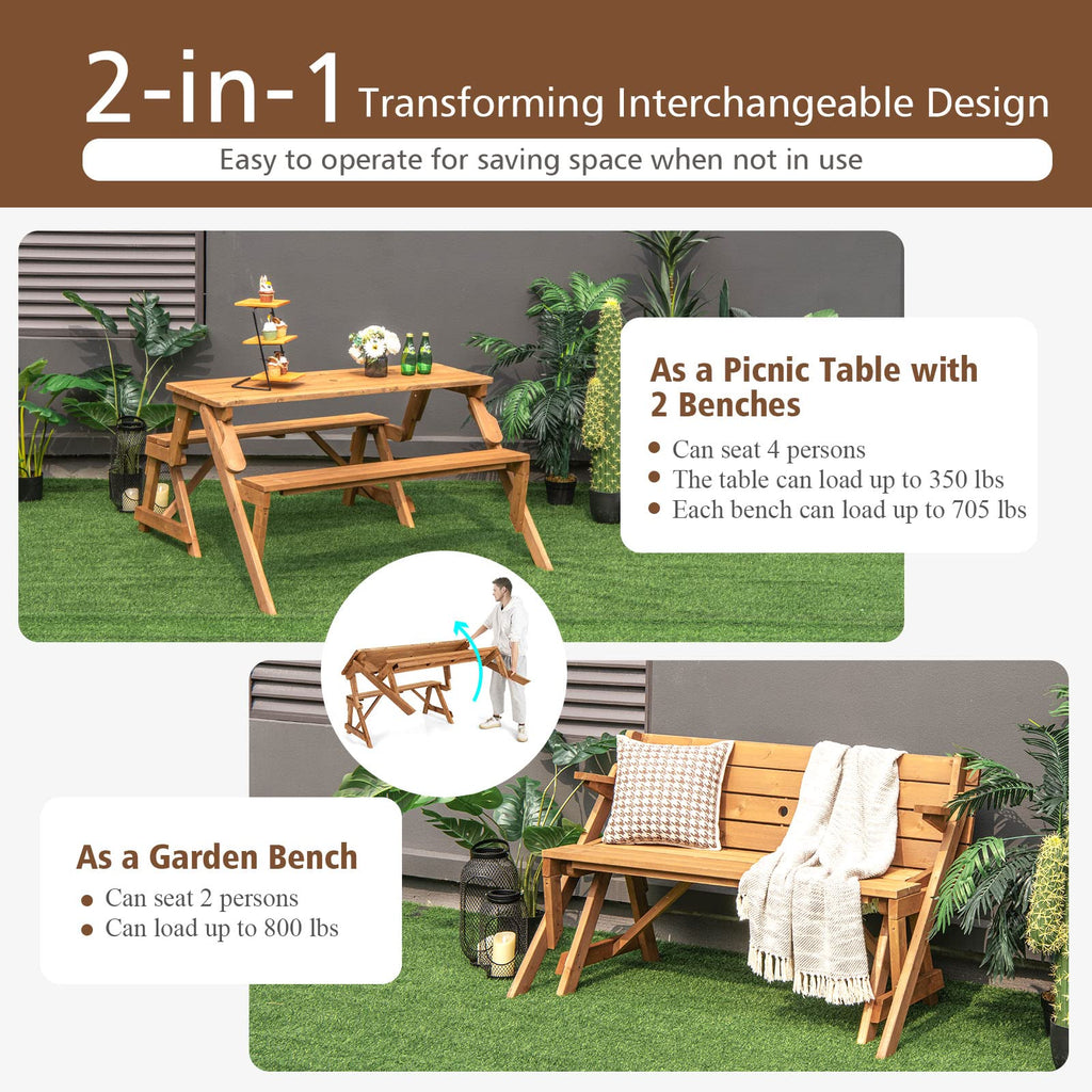 Picnic Table, 2 in 1 Convertible Picnic Bench Table Set, Transforming Interchangeable Wooden Picnic Table with
