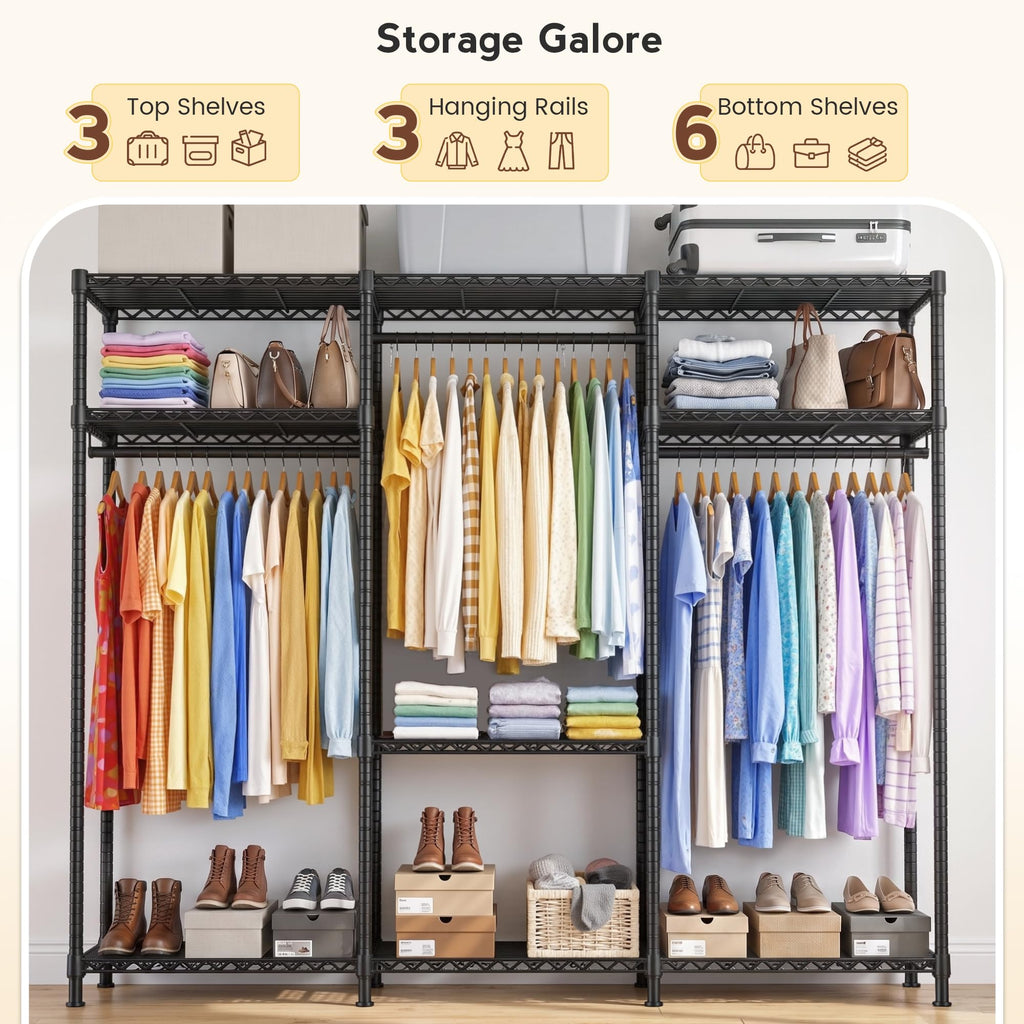 Clothes Rack, Heavy Duty Portable Closet with Cover, 3 Rods, 800LBS