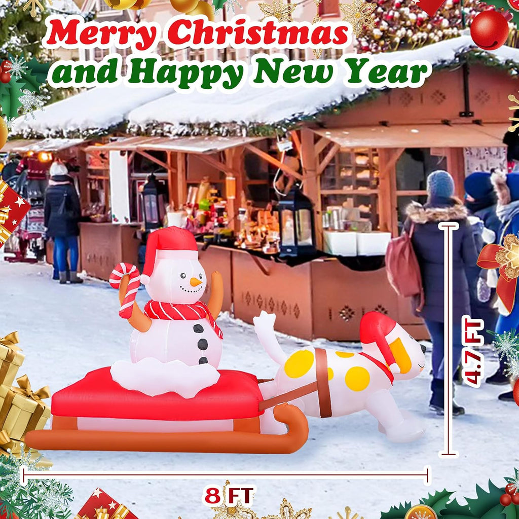 8 Ft Christmas Inflatables Decoration Snowman on Sleigh with Dog, Giant Inflatable Outdoor Christmas Decorations