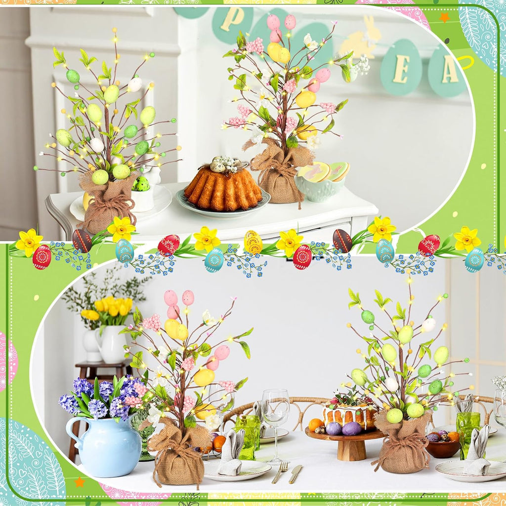 Easter Decorations 18 Inch Lighted Easter Egg Tree Tabletop Decor with LED Light Artificial Tree Decor - Set of 2