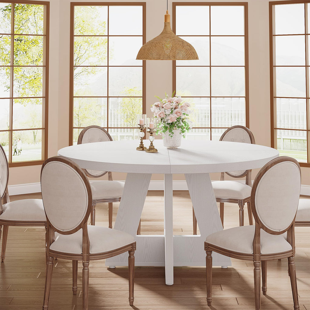 47 inch Round Dining Table Wood Kitchen Table, 47" Dinner Room Tables for 4-6, Farmhouse Accent Furniture with