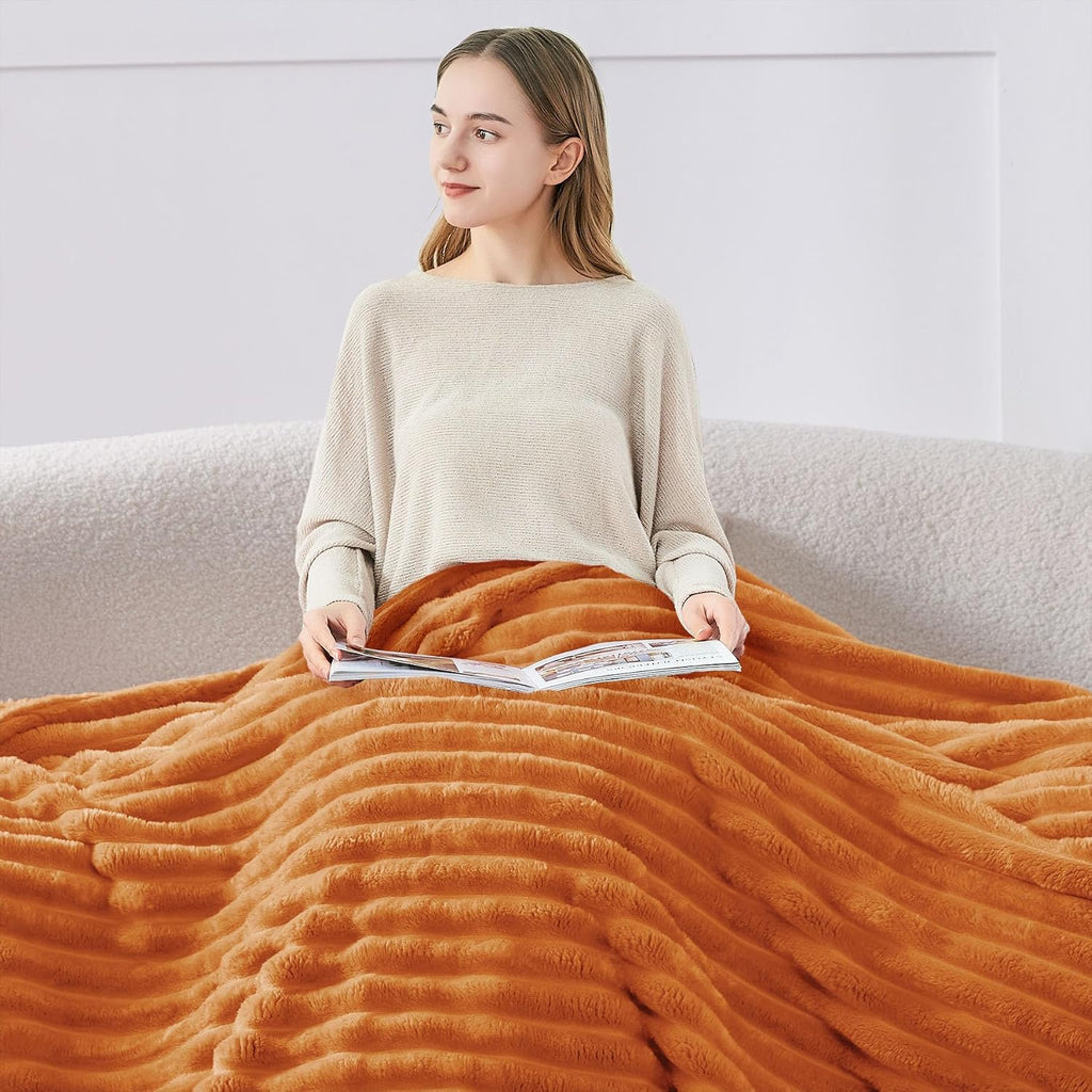 Ribbed Fleece Fall Throw Blanket, Burnt Orange, 50"x60"
