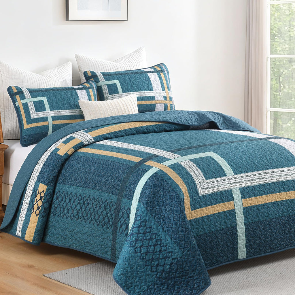 Teal Quilt Set, Boho Pachwork Stripe Bedspread
