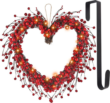 Valentine's Day Wreath, 15" LED Lighted Red Berry Heart Shaped Valentines Wreaths for Front Door, Battery Operated