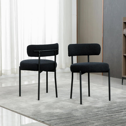DYHOME Black Boucle Dining Chairs Set of 2, Mid Century Modern Kitchen Chairs with Curved Backrest and Metal Legs