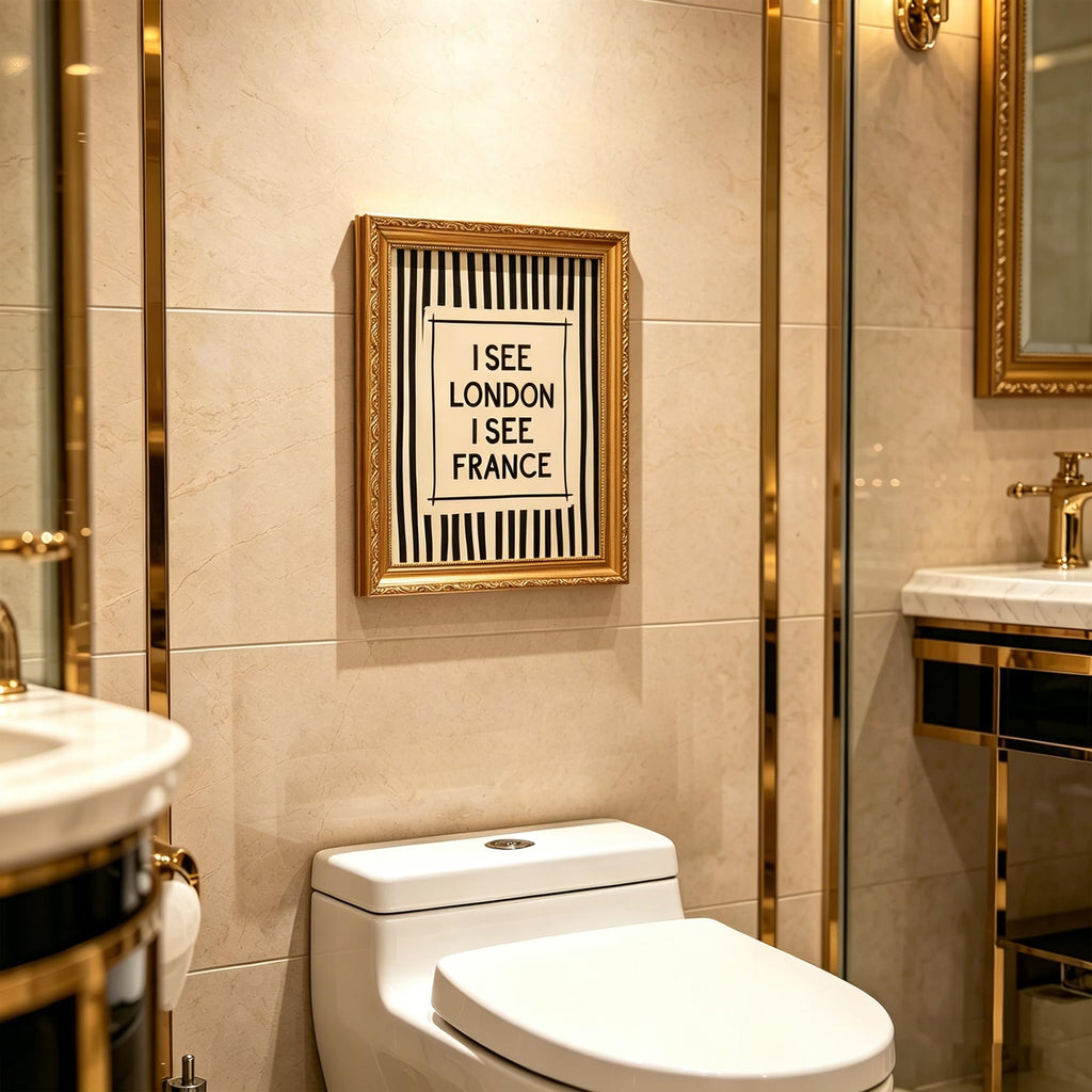 I SEE LONDON I SEE FRANCE Framed Canvas Print, Gold Ornate Wall Art, Funny Quote Bathroom Painting, Retro Black White