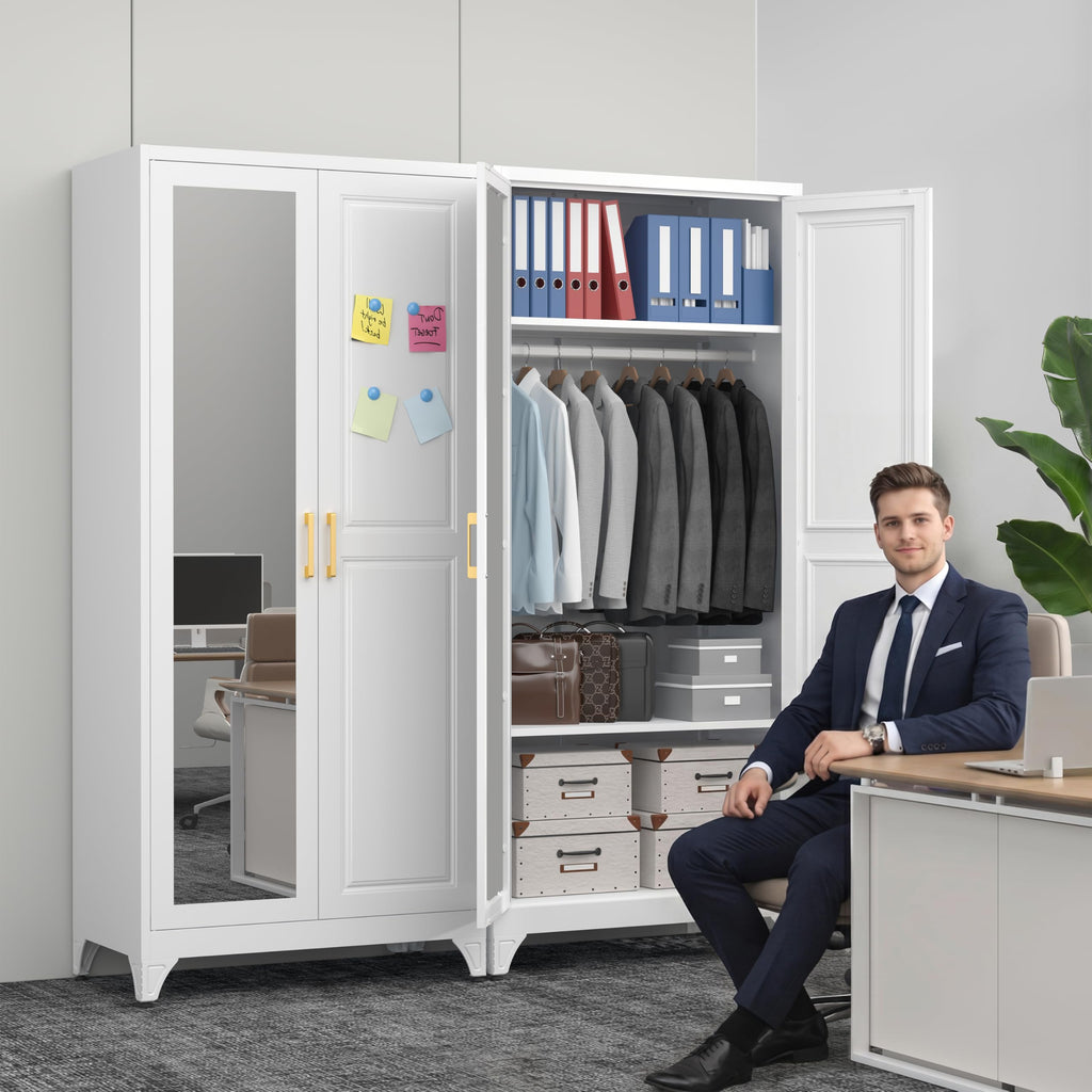 Metal Armoire Wardrobe Closet with Mirror, 71" Tall White Cabinet
