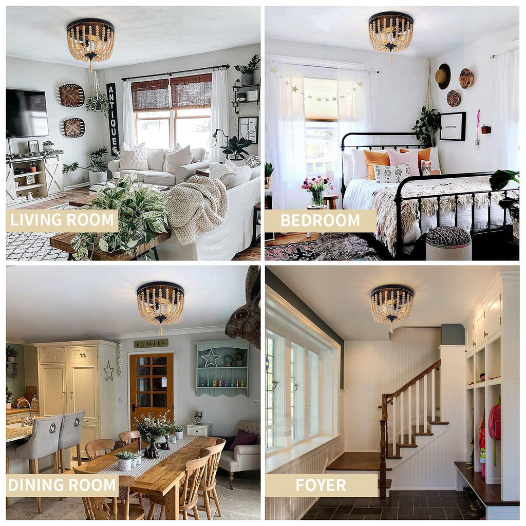 Farmhouse Wood Beaded Flush Mount Ceiling Light, 3-Light Boho Wooden Bead Chandelier Vintage Lighting Fixtures