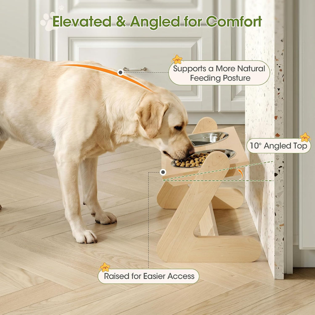 Solid Birch Wood Elevated Dog Bowl Stand for Large & Medium Dogs