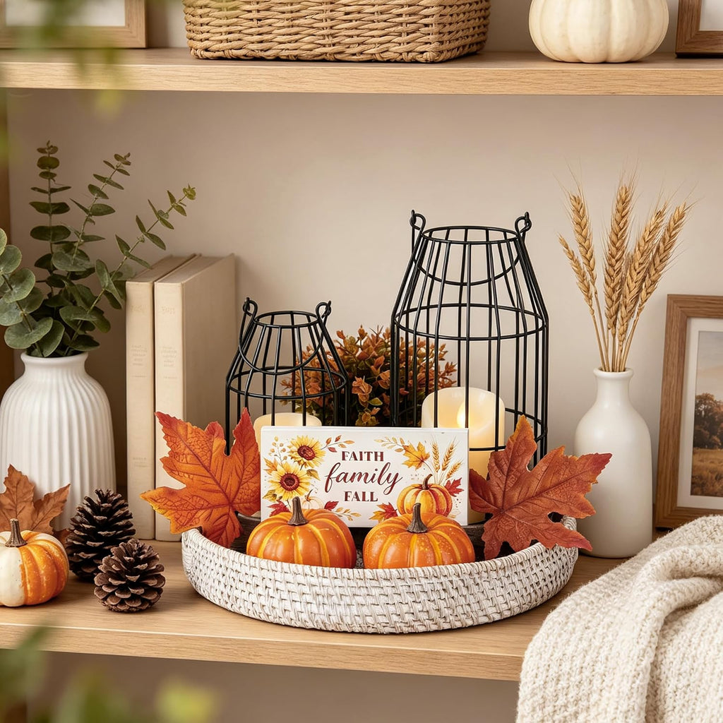 Rustic Farmhouse Lanterns Set Fall Decor for Dining Table Centerpieces | Set of 9 Artificial Maple Leaves, Autumn