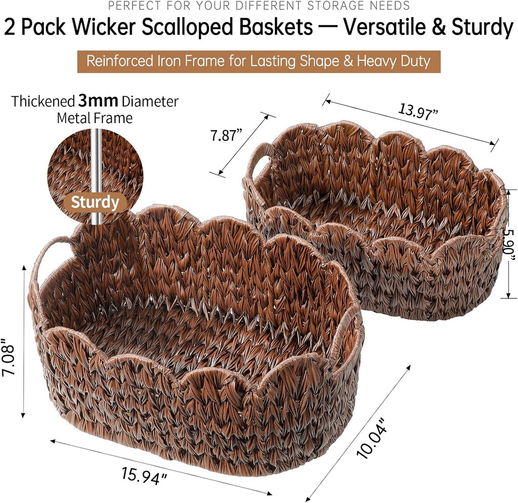 Wicker Scalloped Basket Set of 2,Woven Storage Baskets for Shelves,Closet,Laundry,Gift,Towels,Books,Toys,Waterproof