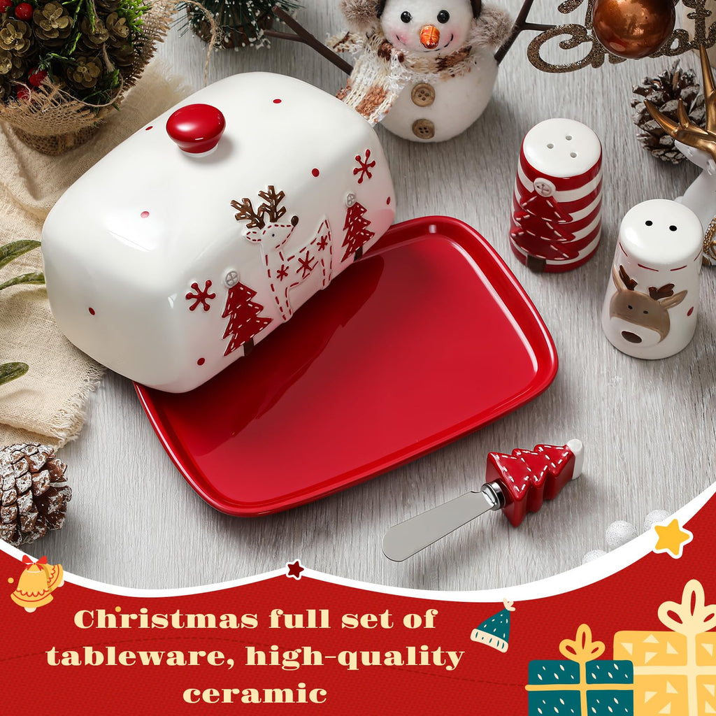 4 Pcs Christmas Dishes Set Include 1 Ceramic Elk Butter Dish with Lid 2 Salt and Pepper Shakers and 1 Christmas Tree