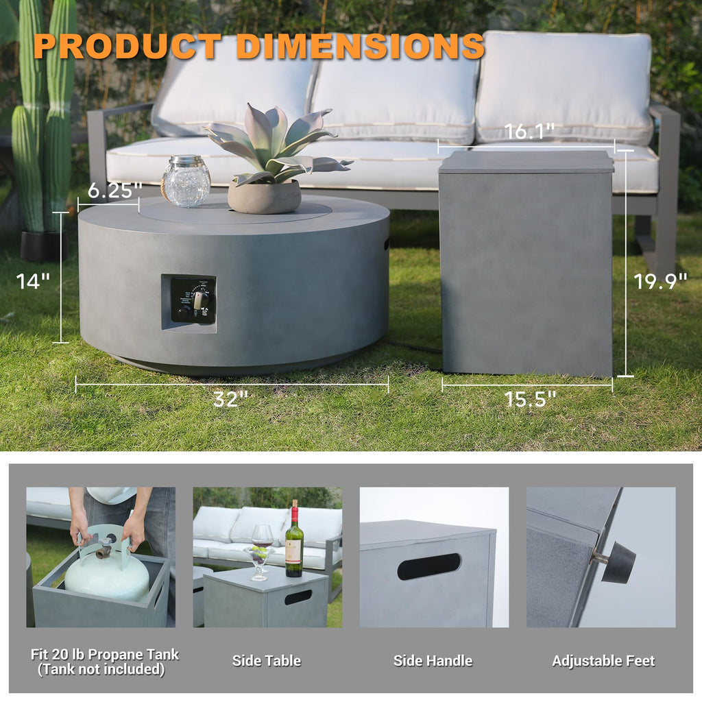 32 Inch Fire Pit Table, 3-Piece Outdoor Propane Fire Pit Table