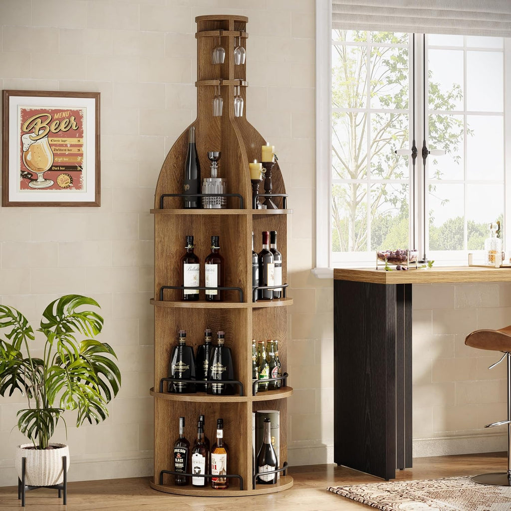 75" Tall Round Wine Rack, Freestanding Wine Bar Cabinet | Holds up to 60 Bottles, 4-Tier Storage Shelf with Glass