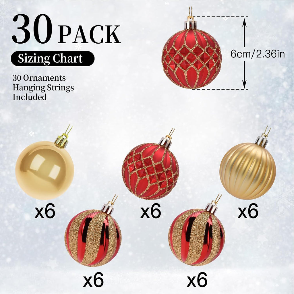 2.36 Inch Christmas Tree Balls Ornaments, Red & Gold, 60mm - Set of 30