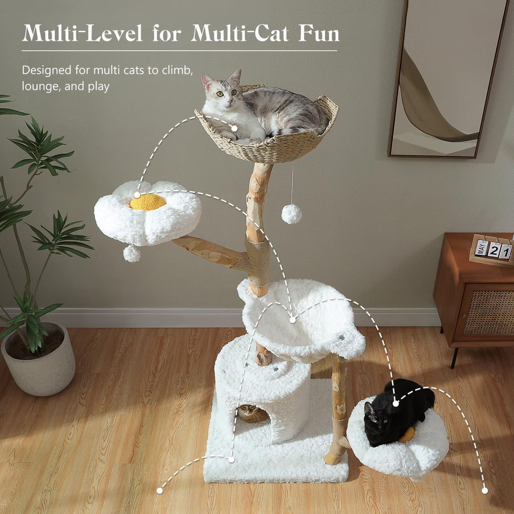 59" Modern Wood Cat Tree for Large Cats, Boho Style, Cloud White