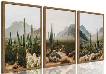 Framed Desert Landscape Wall Art Set of 3, Vintage Southwestern Cactus Wall Decor Paintings, Mexican Mountain