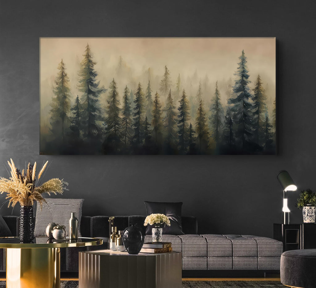 Large Misty Forest Landscape Canvas Wall Art Green Pine Tree and Foggy Mountains Scenery Picture Wall Decor Abstract