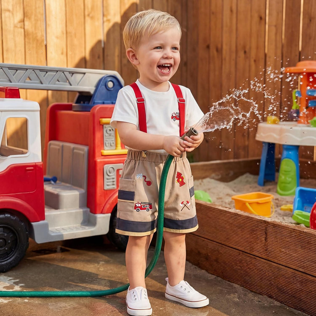Toddler Baby Boy Summer Clothes Firefighting T Shirt Suspender Shorts Set