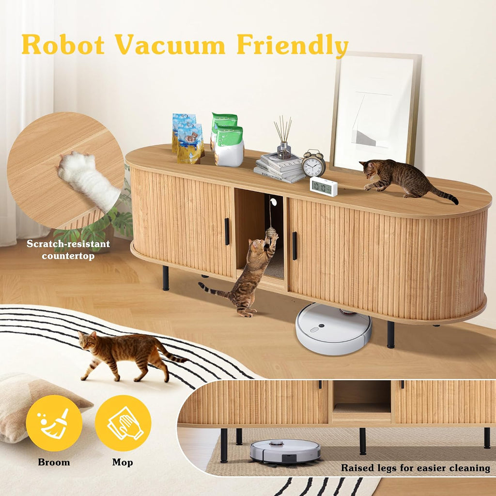 Hidden Cat Litter Box Enclosure with Sliding Door, Built-in Scratch Pad, 63" Modern Indoor Cat House, Fluted