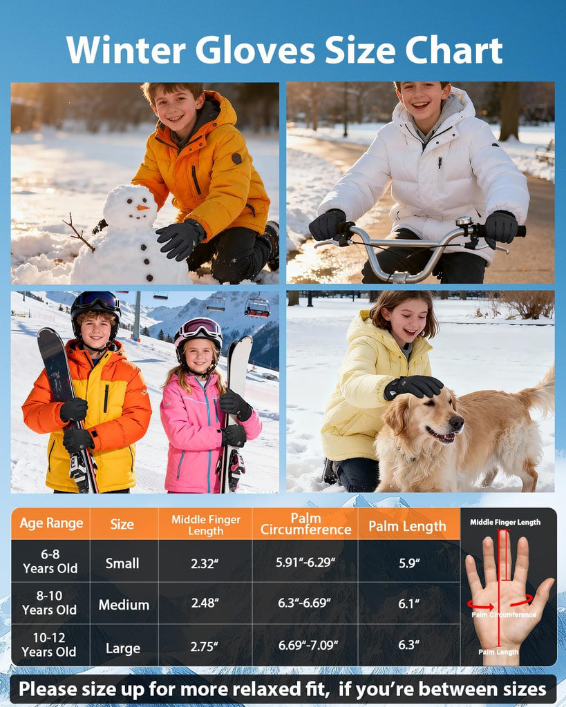 Kids Winter Gloves Waterproof, Warm 3M Insulated Snow Gloves