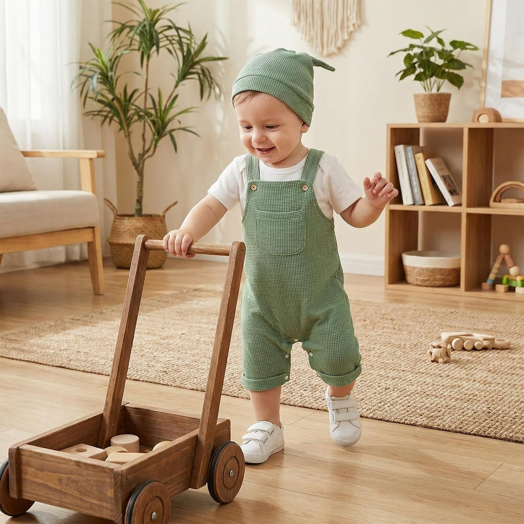 Newborn Baby Boy Clothes Summer Outfit Solid Color Short Sleeve Romper Waffle Suspender Shorts Overall Set 3Pcs