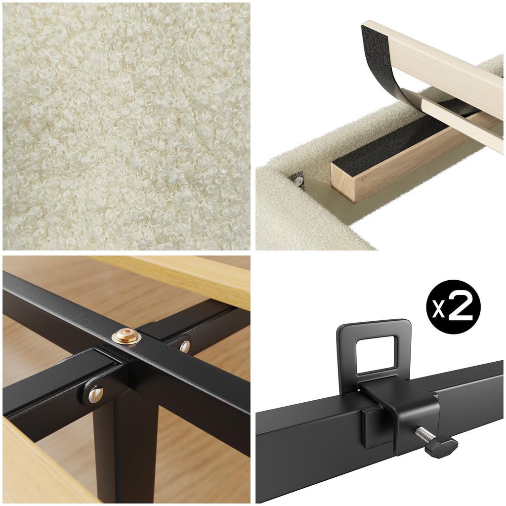 King Bed Frame, Boucle Upholstered Platform Bed with Iron & Wood, Beige
