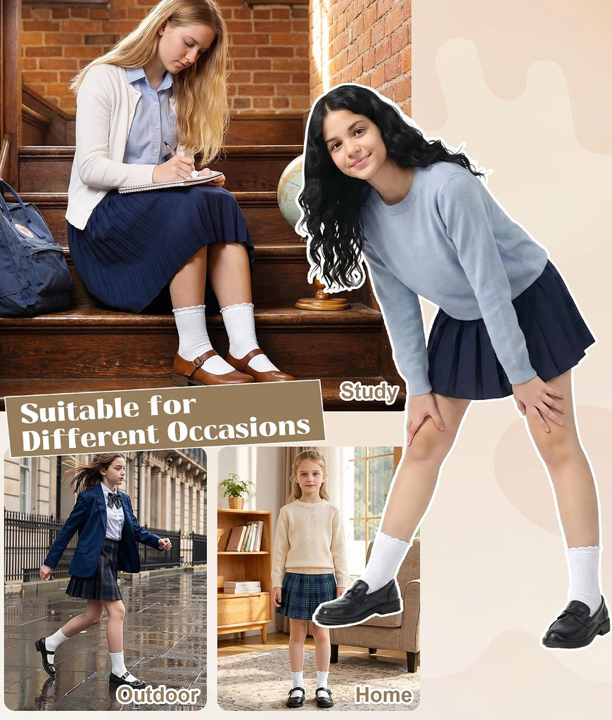 8 Pairs White Ruffle Socks for Girls, Cotton Frilly Kids Socks