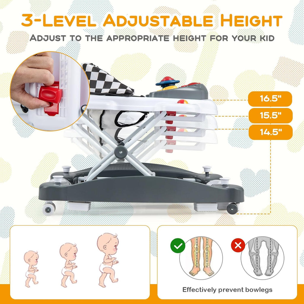 In-1 Baby Walker, Foldable Baby Walker with Wheels, Adjustable Height, Music, Lights, Bouncer & Rocker Mode, Baby