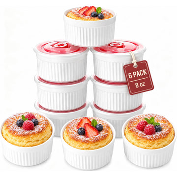 With Lids Set of 6, 8 oz Porcelain Creme Brulee Souffle with Covers, White Pudding Custard Cups Ramiken for Baking