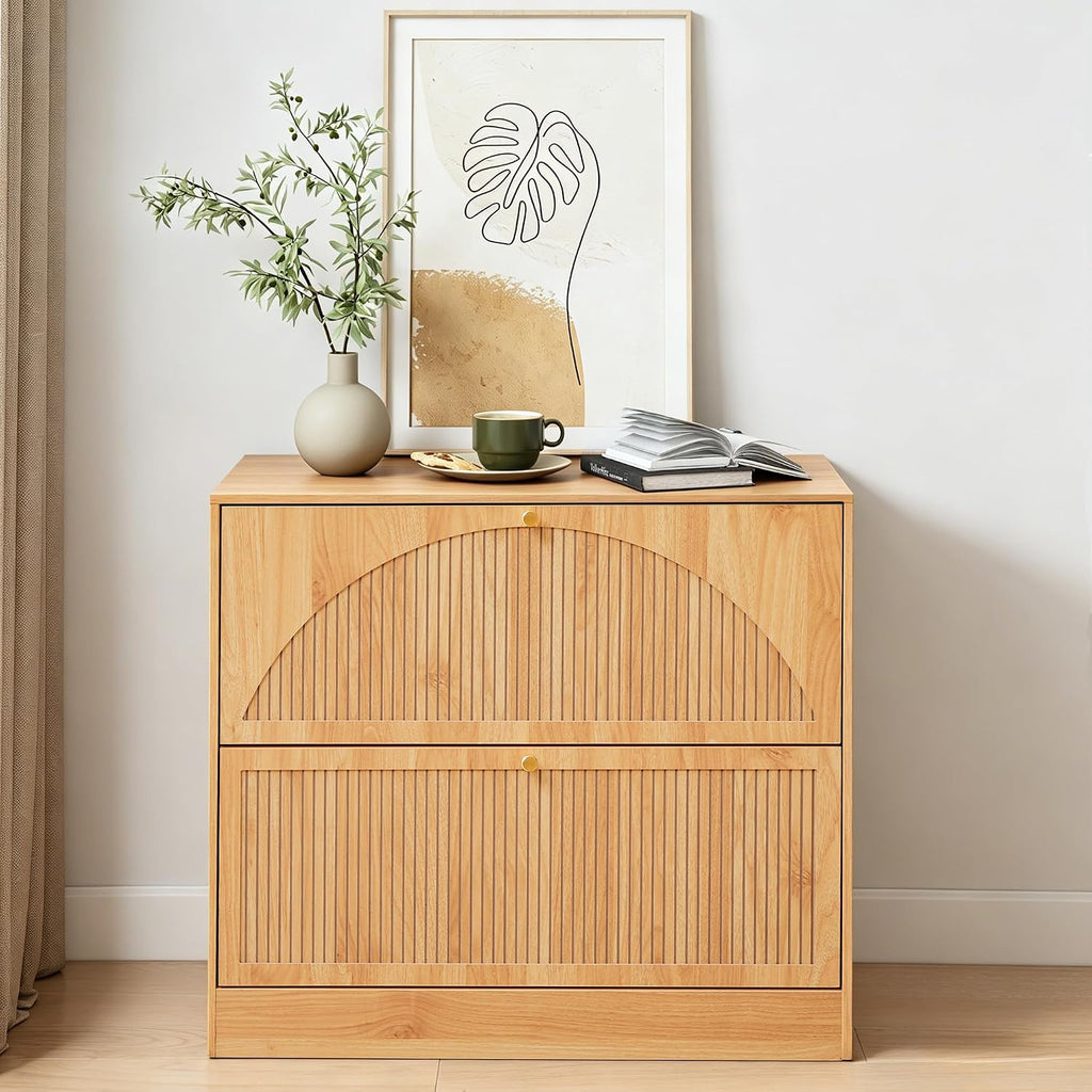 Fluted 2 Drawer Office Lateral File Cabinet | Mid-Century Modern, Hanging Rod, A4/Legal/Letter, Ultra-deep Drawers