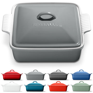 Square Stoneware Casserole Dish with Lid, 2.5 Qt, Modern Grey