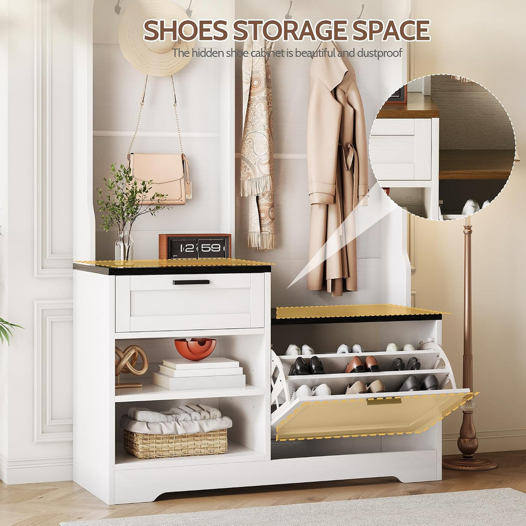 Hall Tree with Bench and Shoe Storage, 6-in-1 Entryway Coat Rack with Flip Drawer Shoe Cabinet, 7 Hooks, 4 Storage