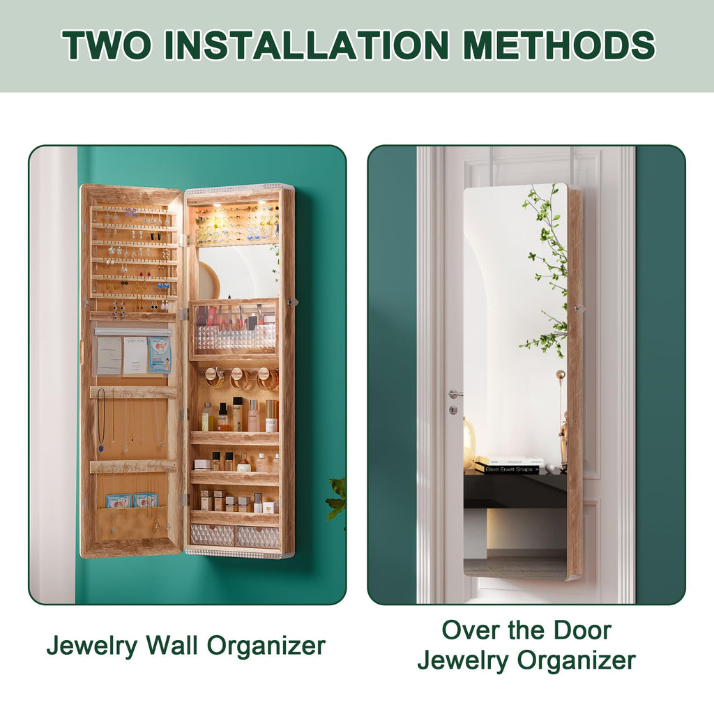 Over the Door Jewelry Organizer with LED Lights, 47.2" Full Length Mirror with Storage, Wall Mounted Jewelry Armoire