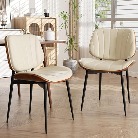 Dining Chairs Set of 2, Mid-Century Modern Upholstered Faux Leather Kitchen Chairs with Bentwood Back and Metal Legs for Dining Room, Beige