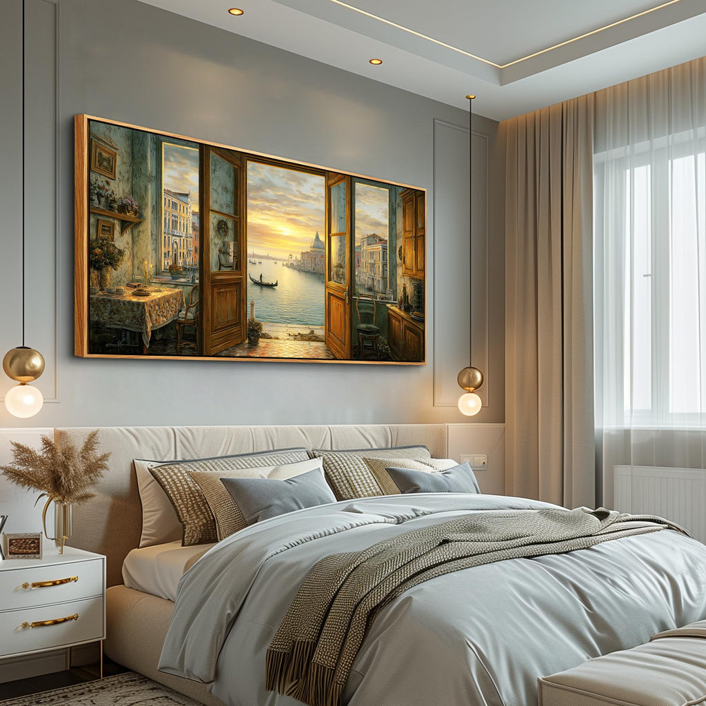 Extra Large Framed Canvas Print Wall - Italy Venice Pictures Wall Decor-Rustic Countryside Landscape Illustrations