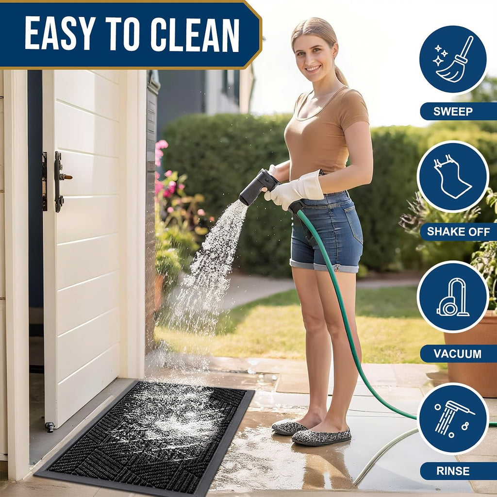 Front Door Mat Outside Entrance, Low Profile Rubber Doormat, 35x23 | Irregular Triangle, Black, Sturdy Heavy Duty Mat