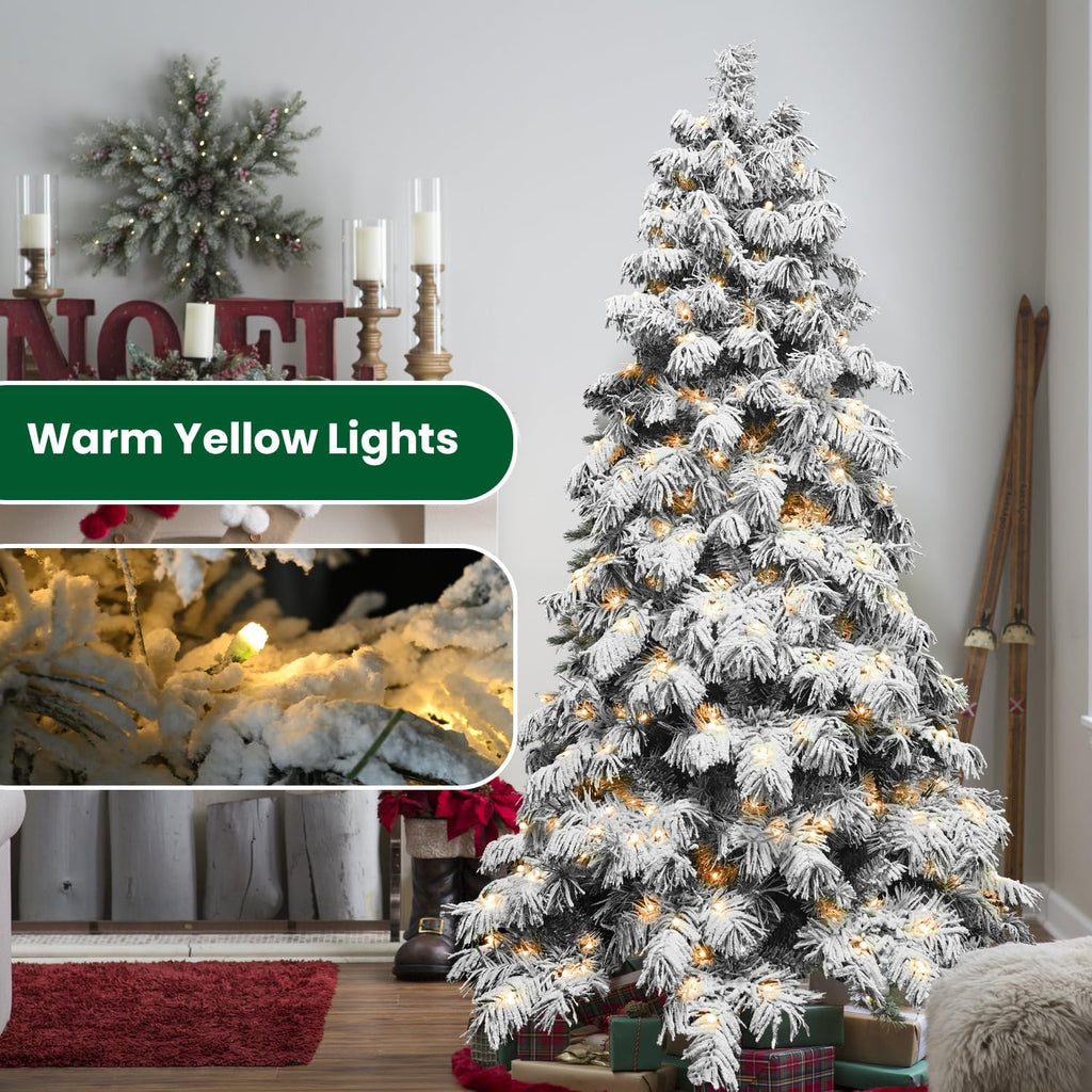 Prelit Flocked Christmas Tree, Premium Artificial Christmas Tree with 270 Warm White Lights and 594 Branch Tips