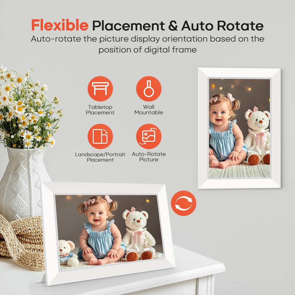 10.1 Inch WiFi Digital Photo Frame via Frameo App, 1280x800 HD IPS Touch Screen Electric Picture Frame Display, 32GB