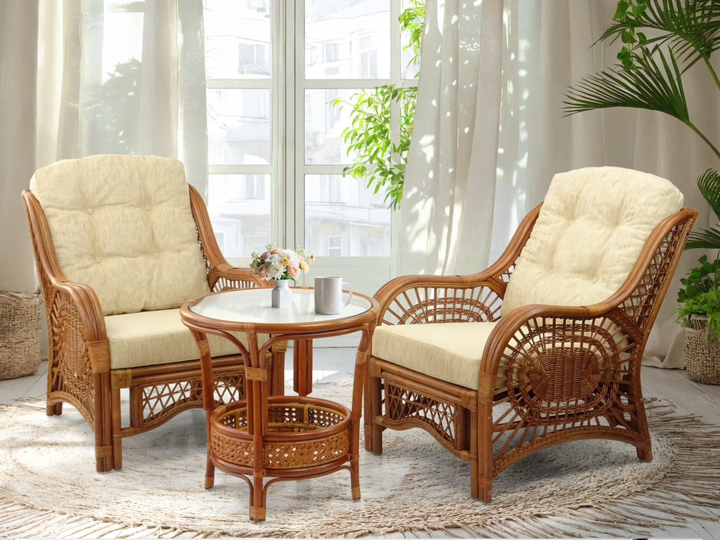 Malibu Lounge Living Accent Armchair Natural Rattan Wicker Handmade Design, Colonial with Cream Cushion