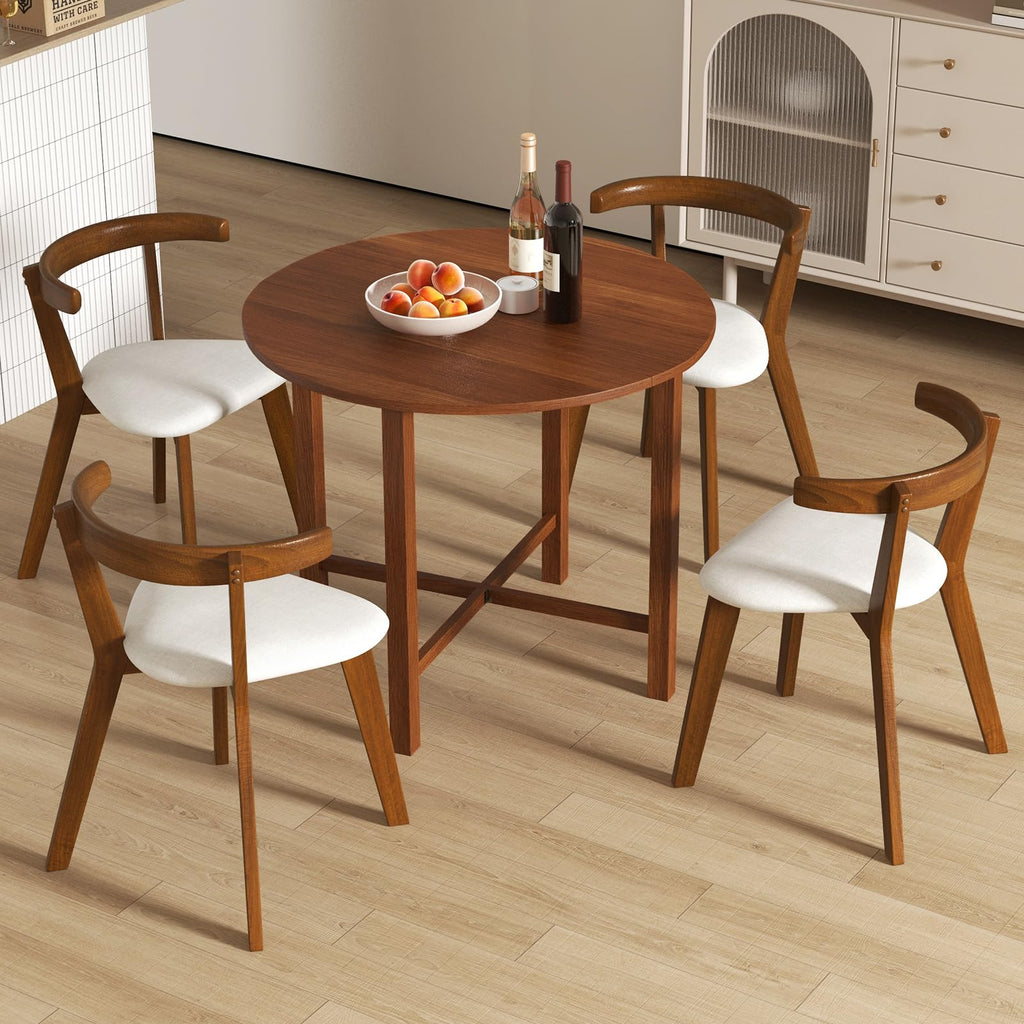 36" Folding Dining Table for 2-4, Extendable Drop Leaf Kitchen Table with Solid Rubber Wood Frame, Space-Saving Round