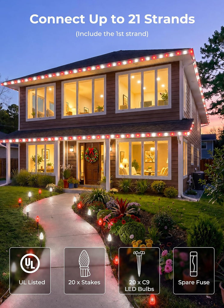 C9 Christmas Lights Outdoor, 26FT 20 LED C9 String Lights with Stakes