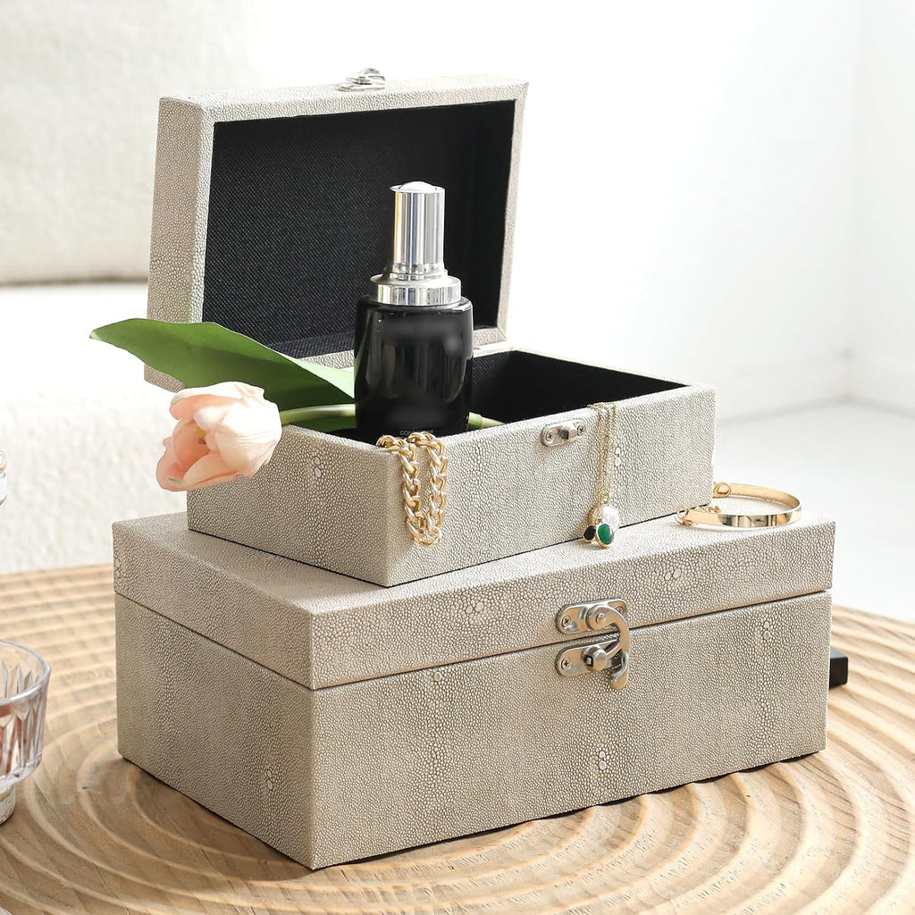 Faux Shagreen Leather Decorative Storage Boxes, Ivory - Set of 2