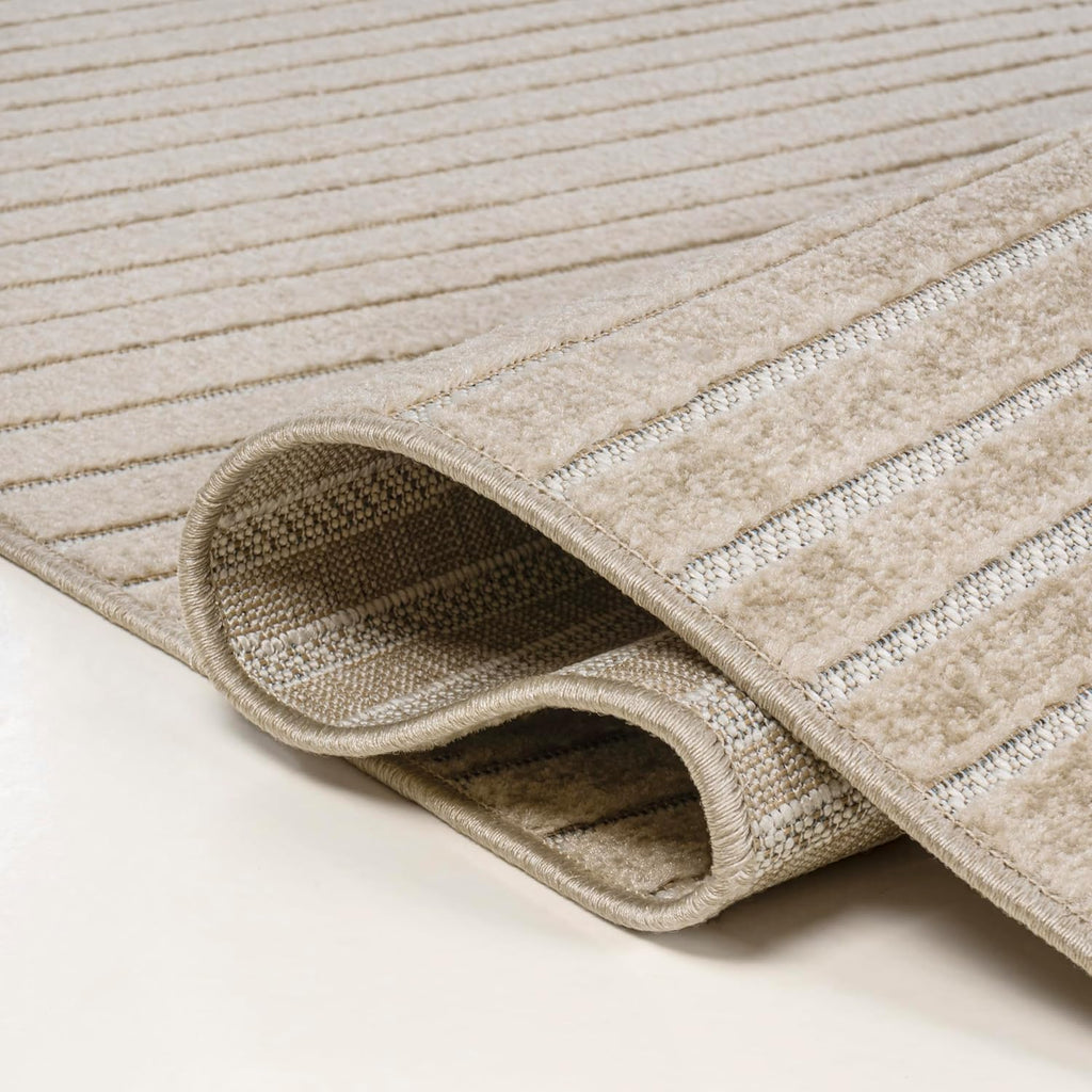 Hallie High-Low Curve Beige/Cream 8x10 Indoor/Outdoor Area Rug, Minimalist, Japandi, Geometric, Pet Friendly