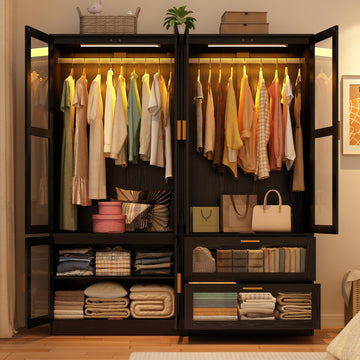 4 Doors Armoire Wardrobe Closet with LED and Mirror, 71" H Freestanding Wooden Wardrobe Closet Cabinet w 2
