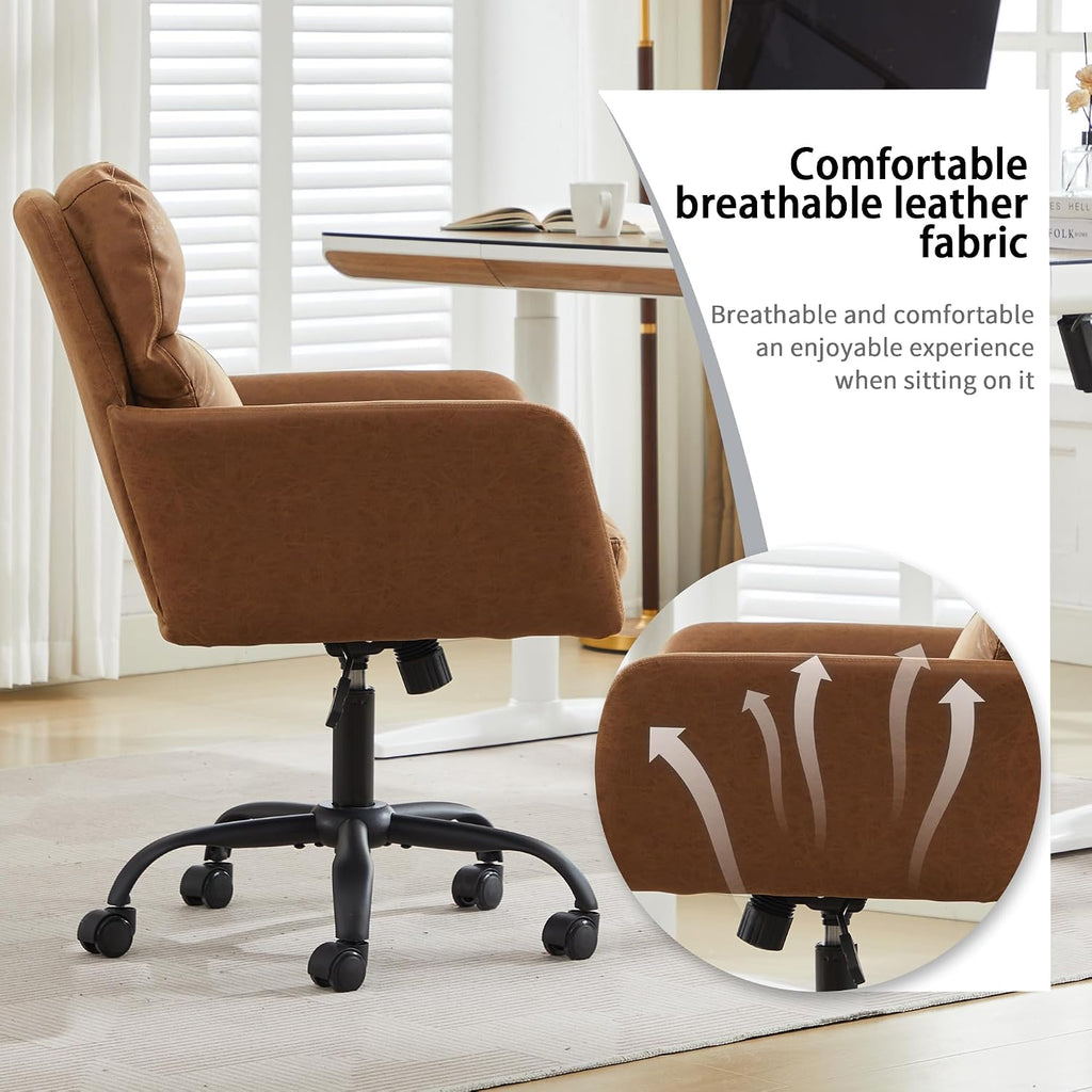 Adjustable Home Office Desk Chair with Comfy Square Mid-Back, Faux Leather 360 Swivel Upholstered Task Armchair with